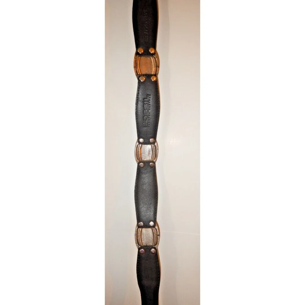 Vintage 90’s Fossil Black Leather Concho Belt Silver Western Buckle Women’s Sz M